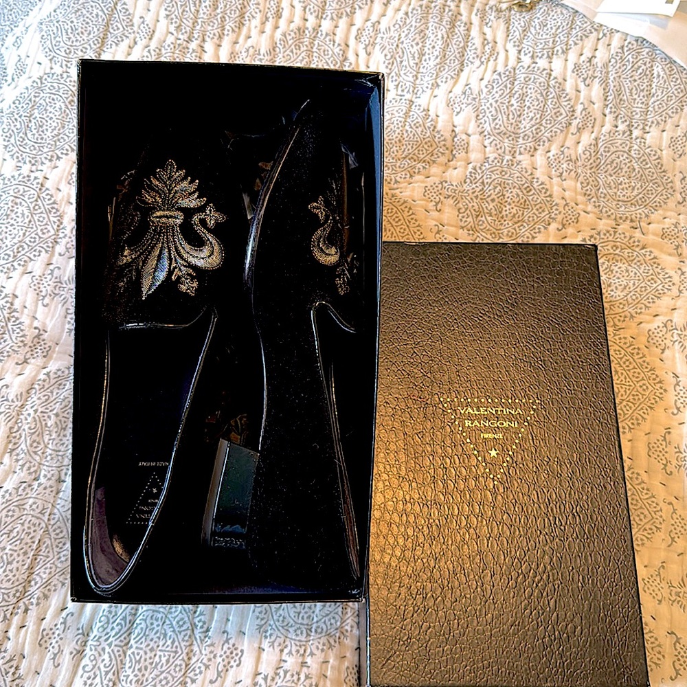 Gorgeous Black Velvet Valentina Rangoni, loafer slippe  shoes,